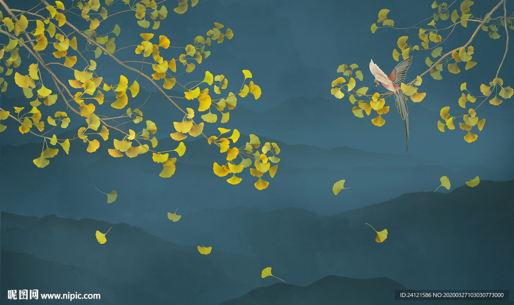 金色银杏叶蓝色水墨山水