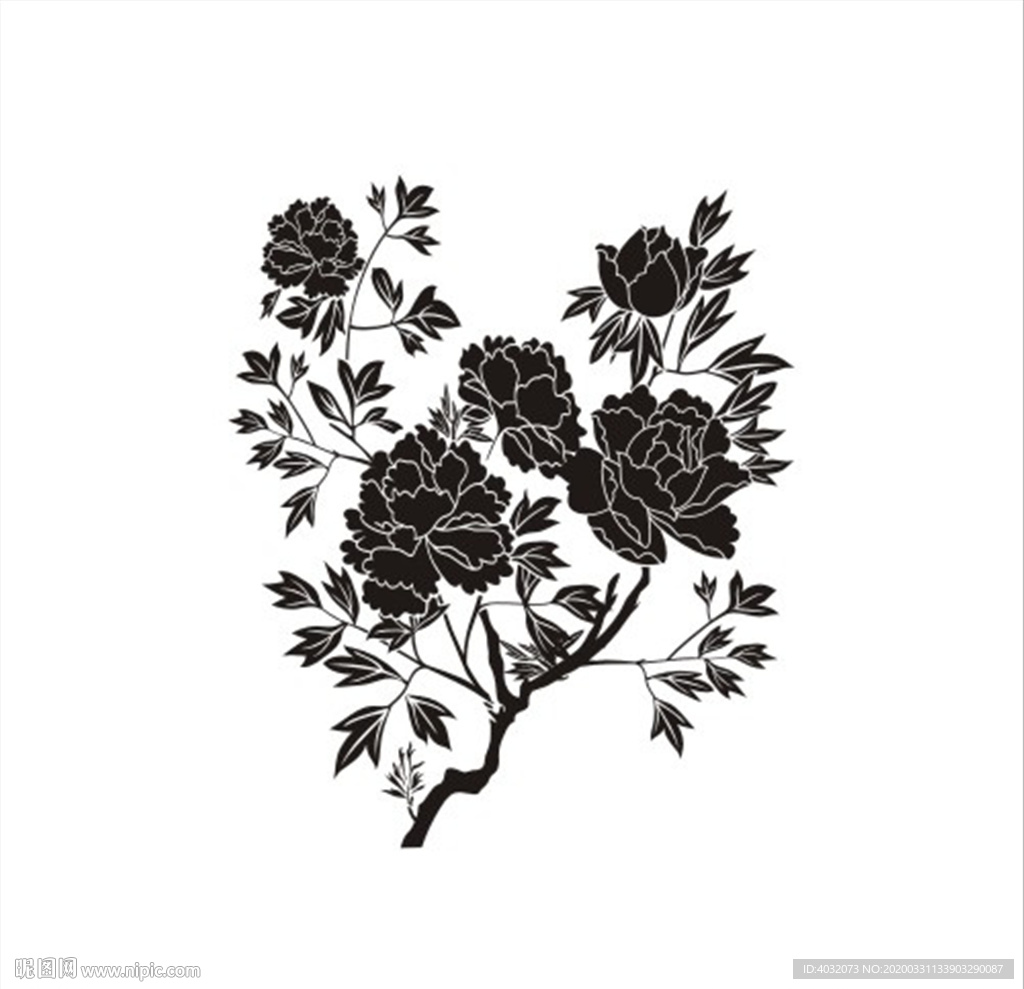 牡丹花剪影雕刻图CDR矢量图