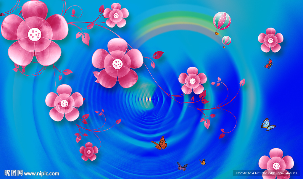 梦幻花卉蝴蝶气球彩虹电视背景墙