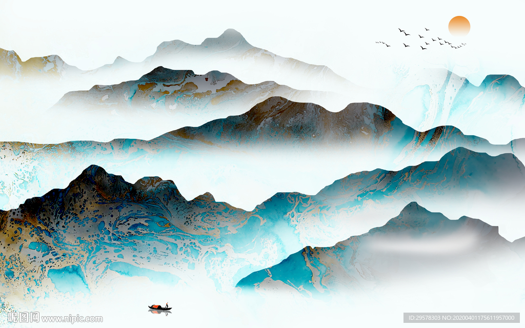 新中式山水画无框画 TIF分层