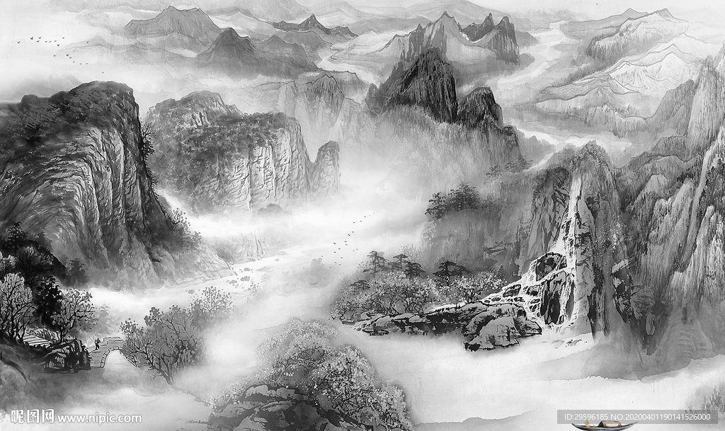 灰色高端山水画 tif分层