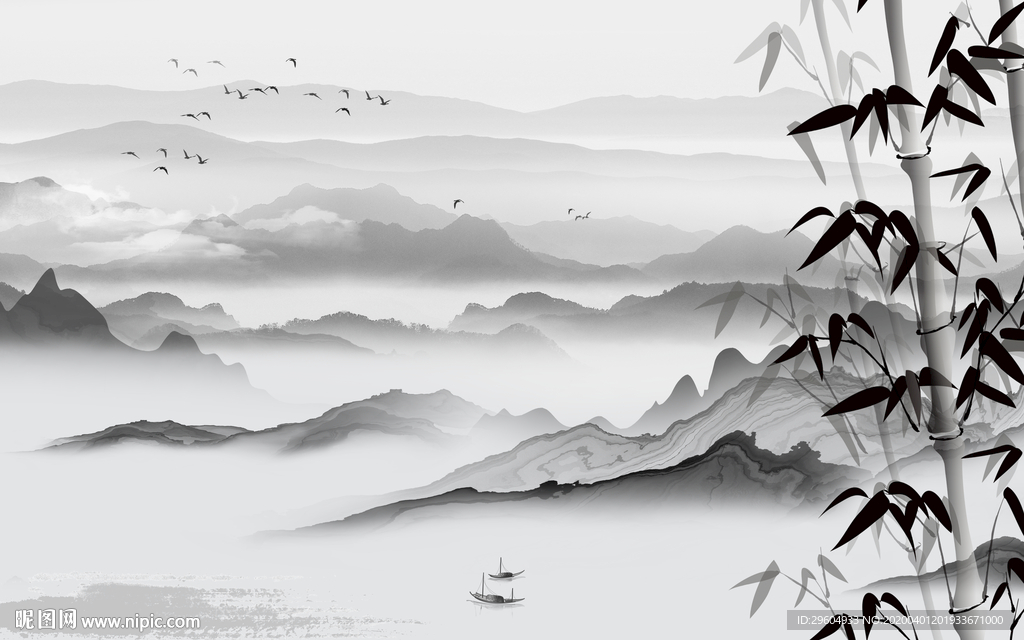 灰色无框山水画 tif分层