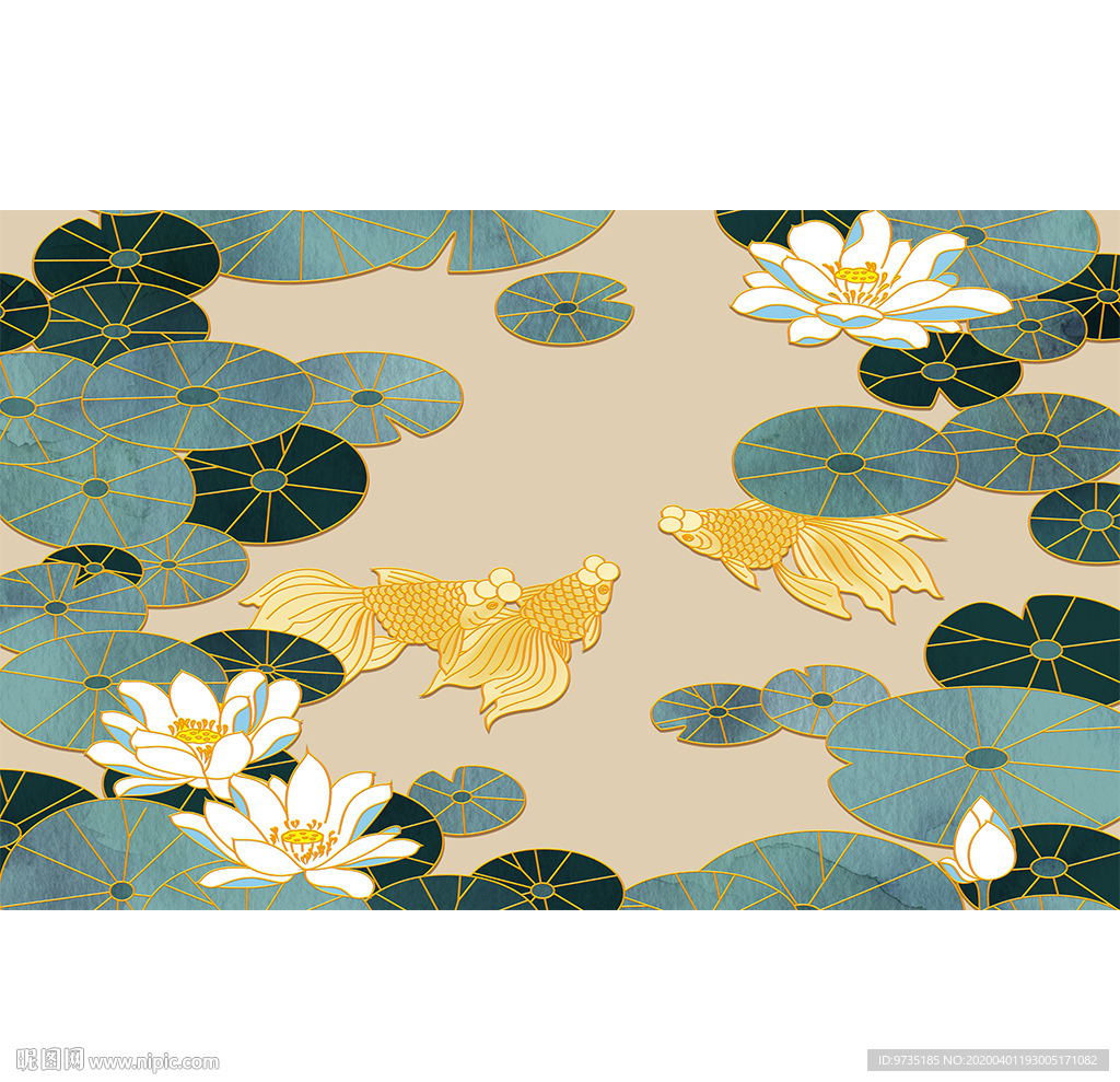 荷花鲤鱼现代轻奢新中式壁画