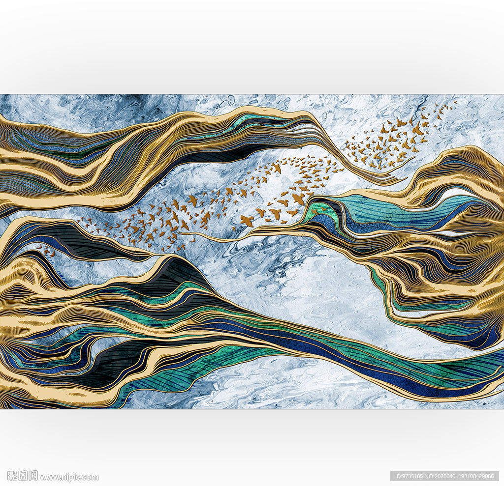 抽象曲线行云飞鸟轻奢壁画背景墙