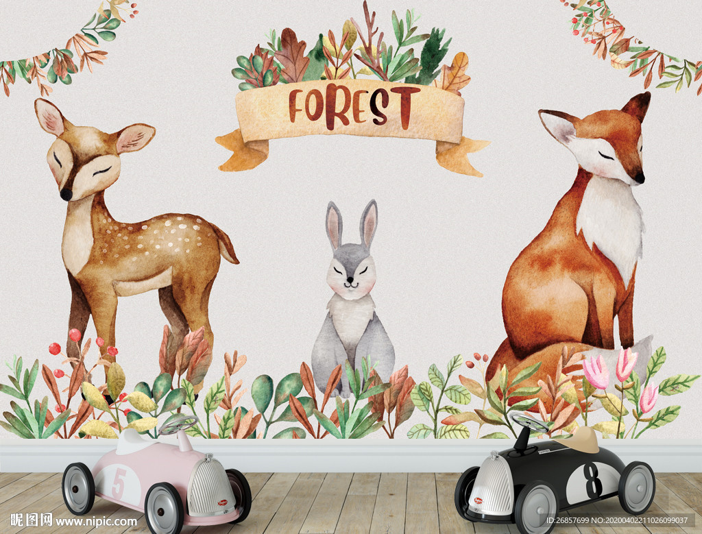 森林动物儿童背景墙