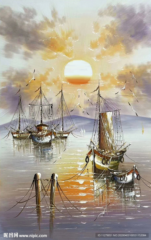 海景帆船一帆风顺油画