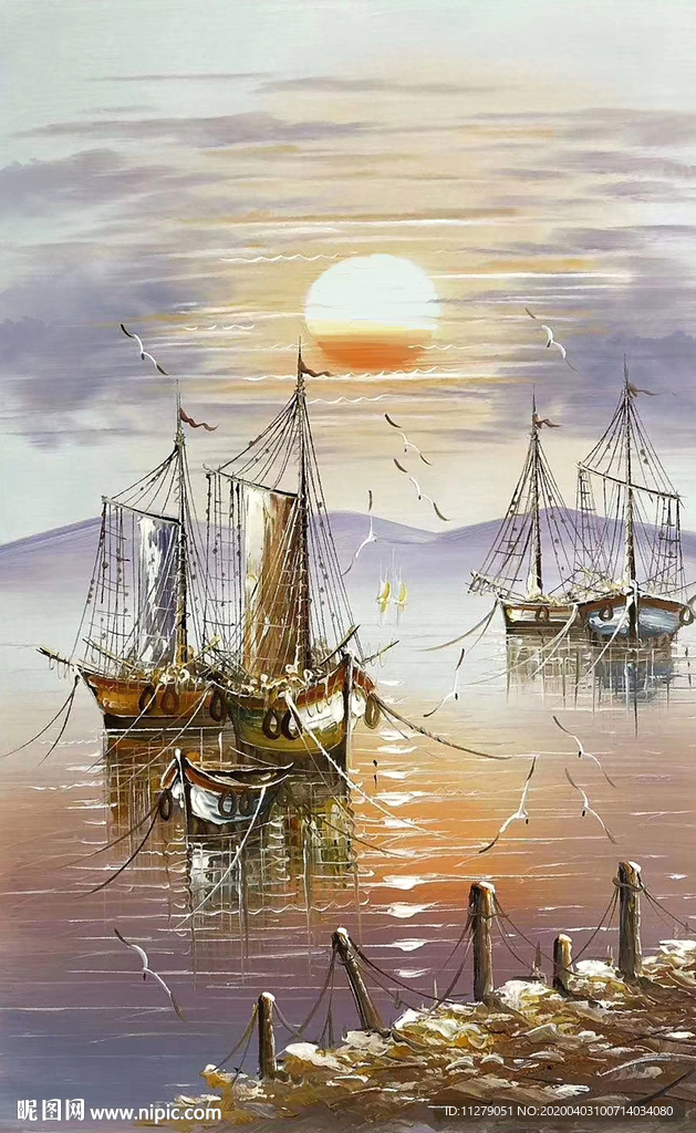 日出帆船一帆风顺海景油画