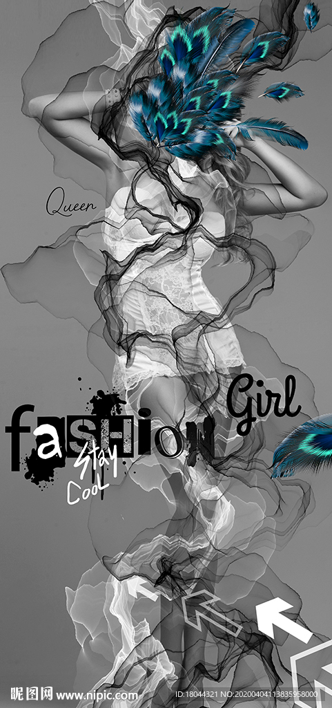 抽象画羽毛美女英文装饰画玄关