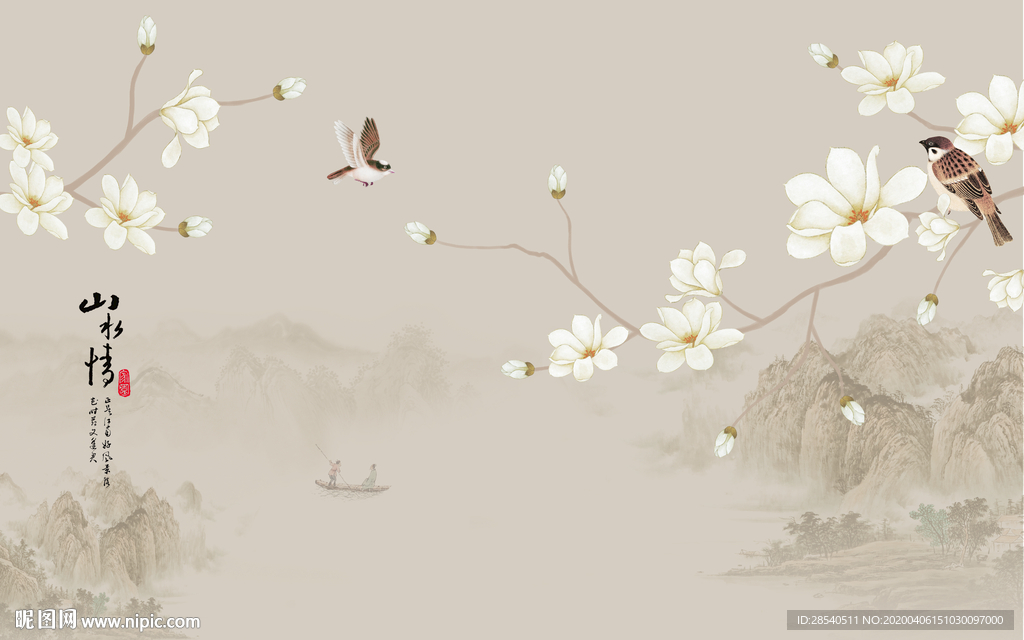 新中式手绘玉兰花背景墙