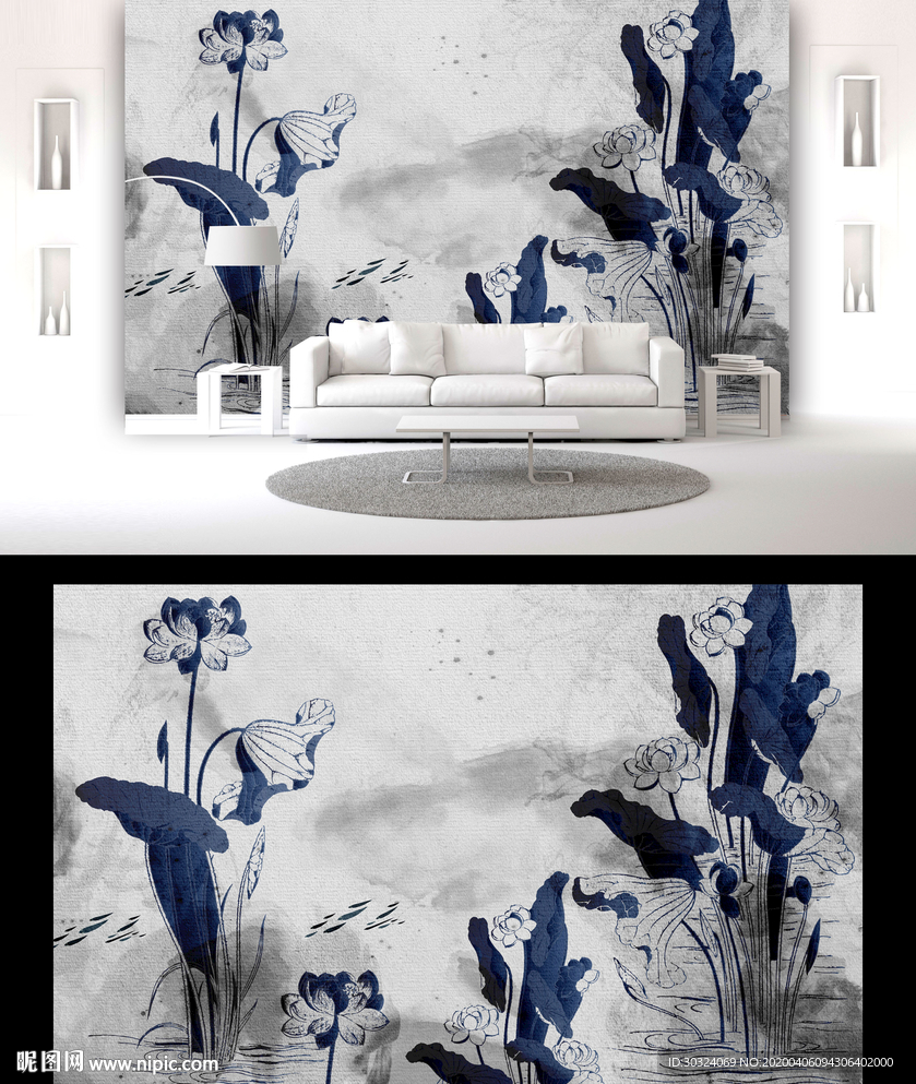 复古荷花背景墙