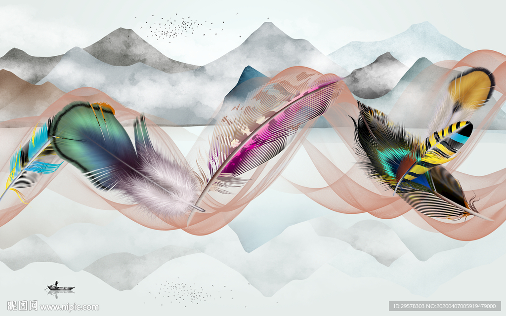 羽毛新山水线条画 TIF分层