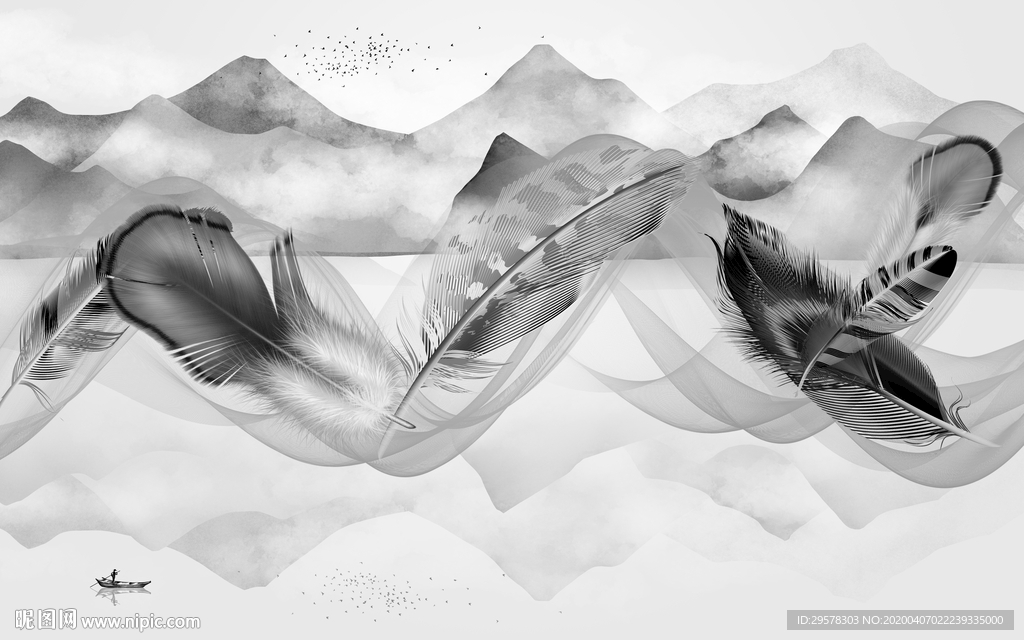 羽毛 山水无框画 TIF分层