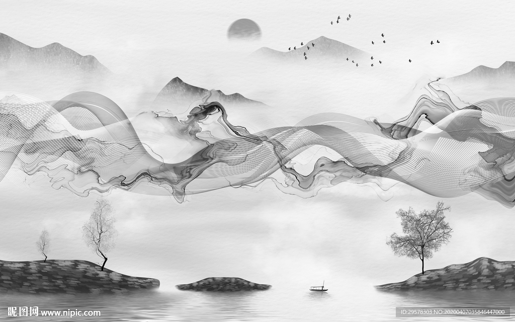 灰色 山水无框画 TIF分层