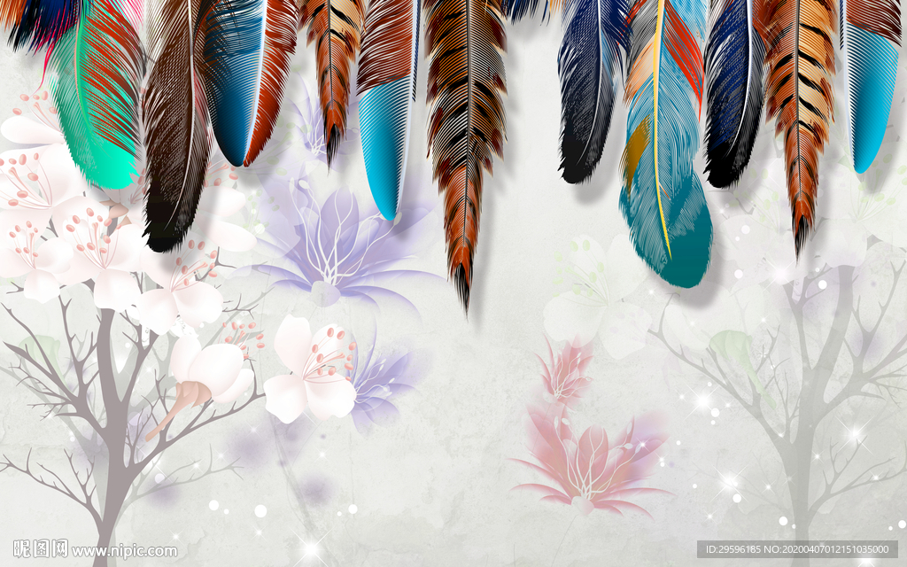 羽毛无框背景墙 tif分层
