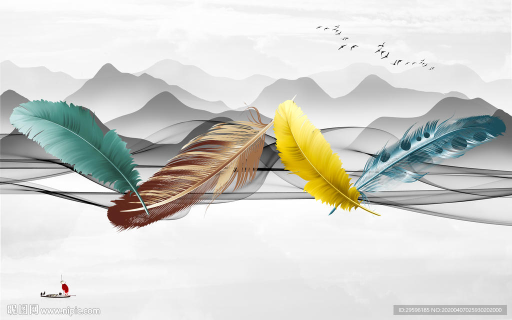 现代 羽毛山水画 tif分层