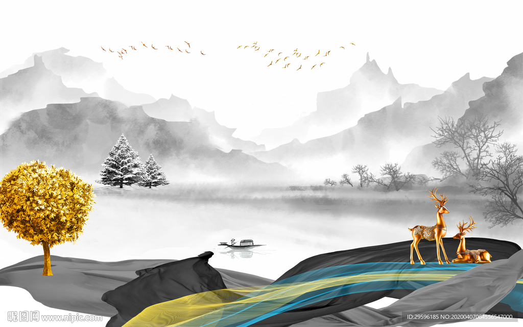 奢华无框山水画 tif分层