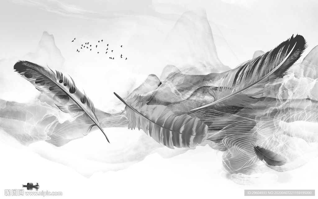 灰色羽毛新无框画 tif分层