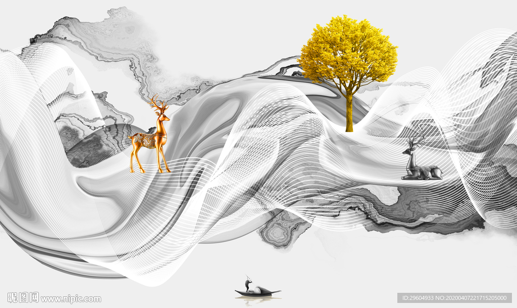 线条简约山水画 tif分层