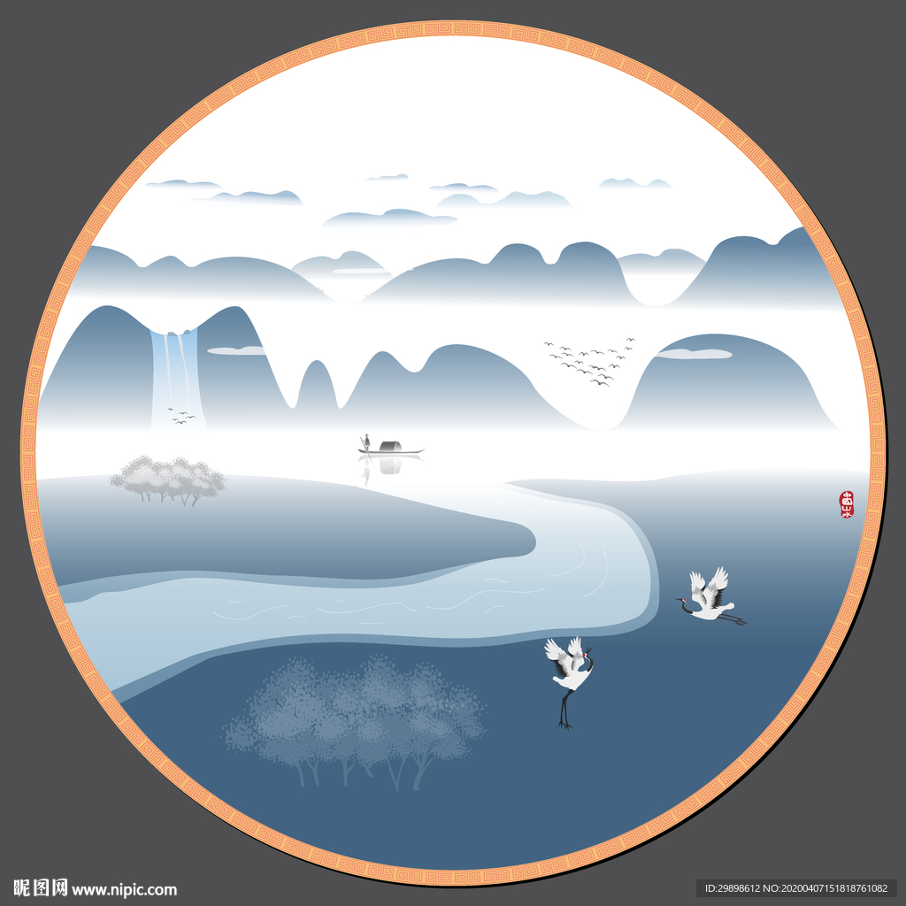 高山流水飞鹤新中式水墨装饰矢量