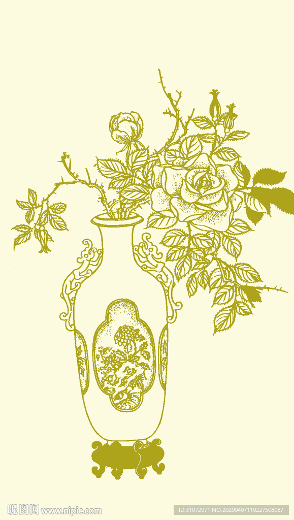 中式花瓶玫瑰花鸟图案版画