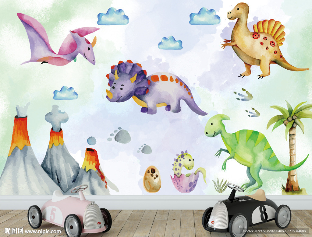 手绘恐龙儿童背景墙