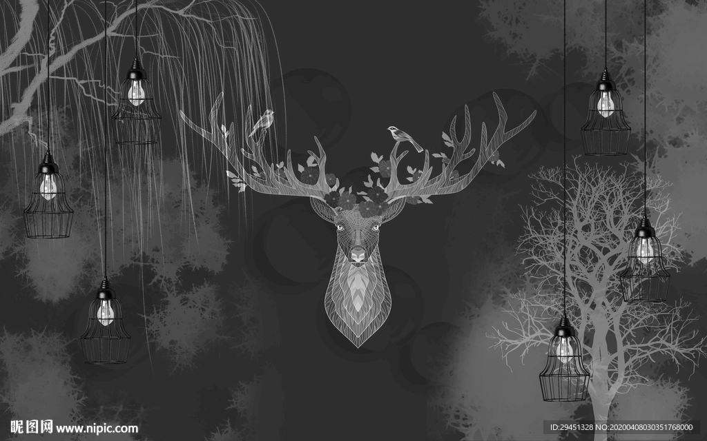 麋鹿奢华背景墙 tif分层