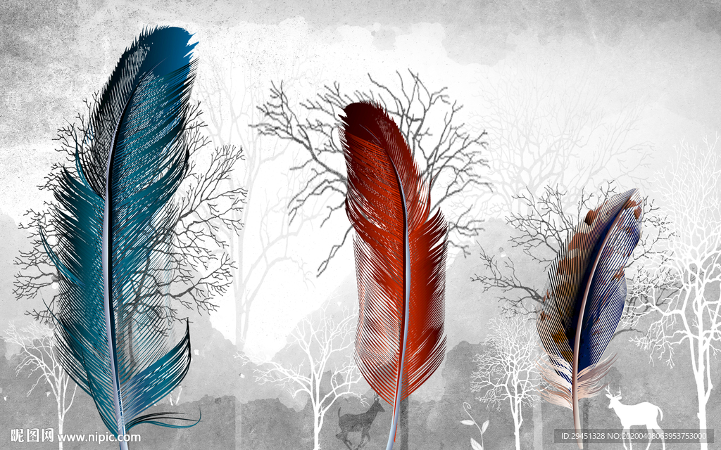 羽毛奢华背景墙 tif分层
