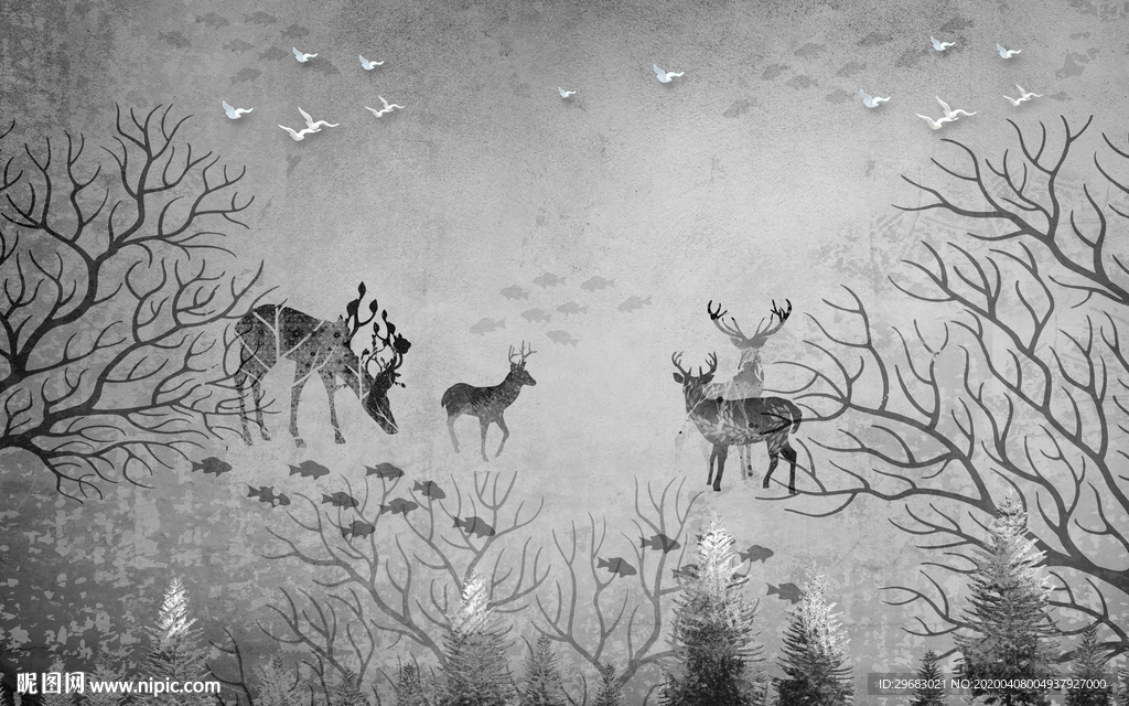 麋鹿现代背景墙画 tif分层