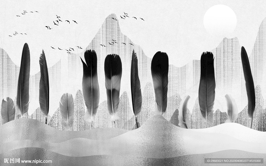 羽毛灰色无框山水画 tif分层