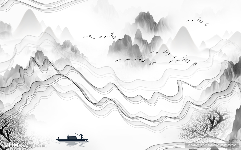 线条山水画高清画 TIF分层