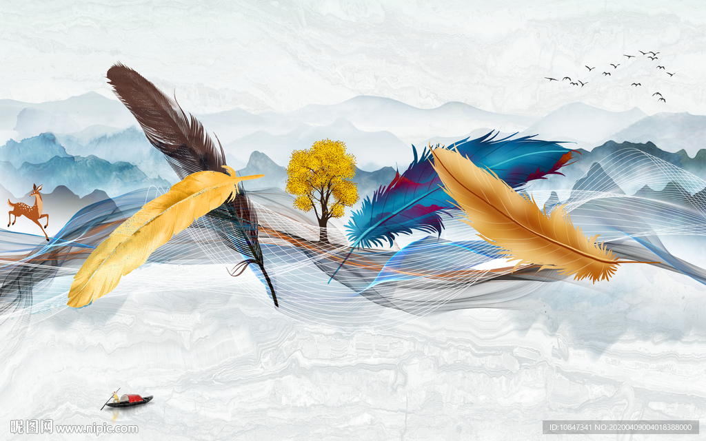 羽毛新品山水画 TIF分层