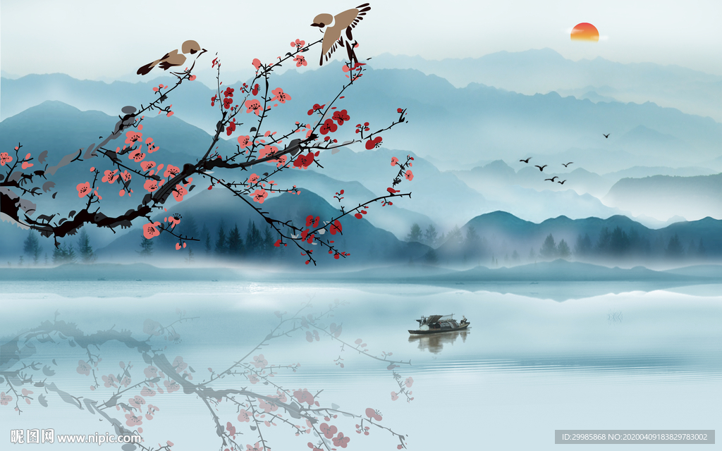 蓝色无框山水画 tif分层