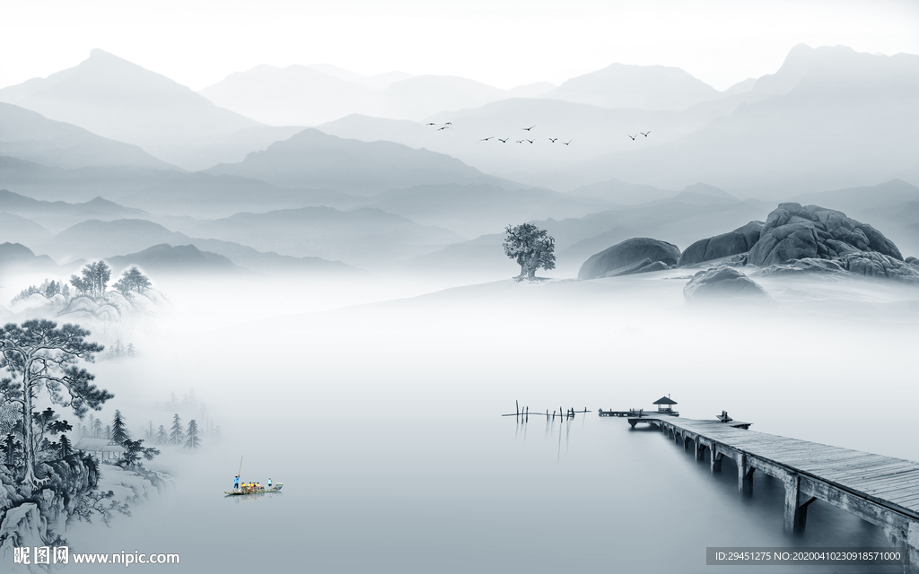 高档背景墙山水画 tif分层