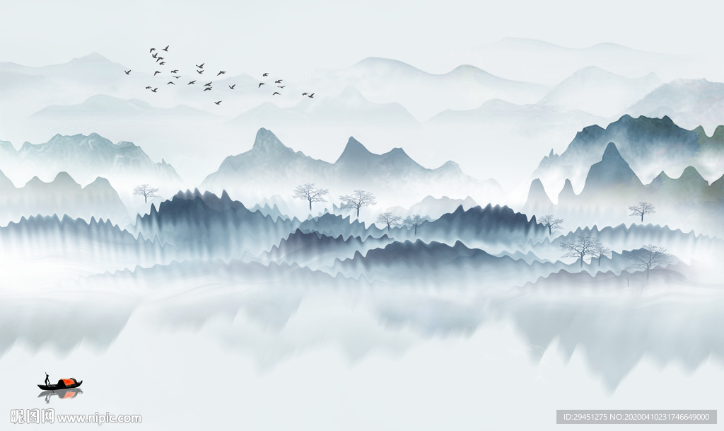 蓝色唯美山水画 tif分层