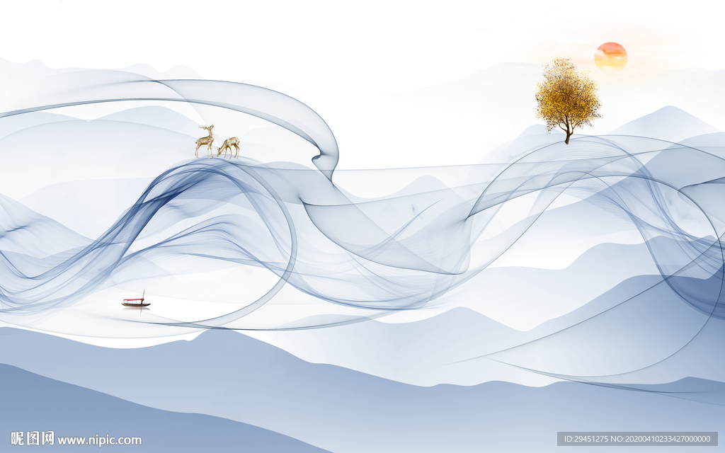 线条唯美山水画 tif分层