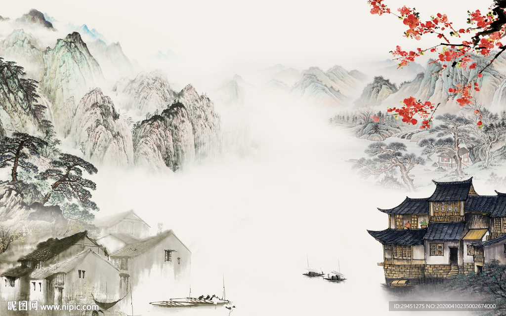 国画唯美山水画 tif分层