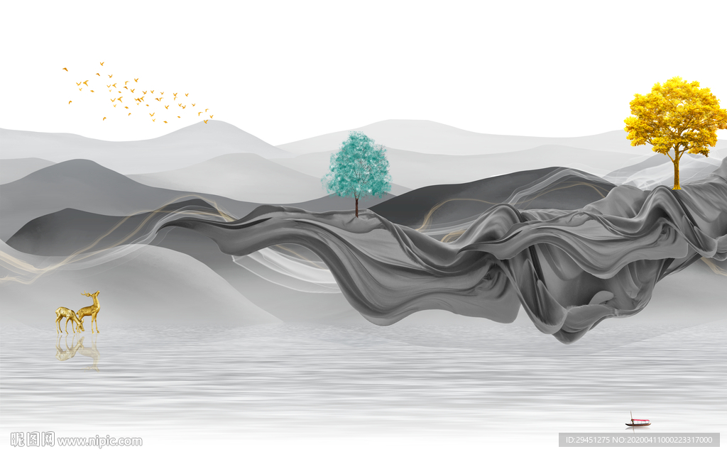 麋鹿高端山水画 tif分层