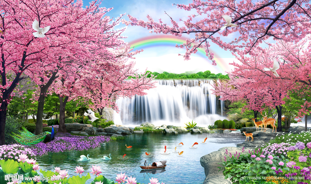 樱花树瀑布风景背景墙