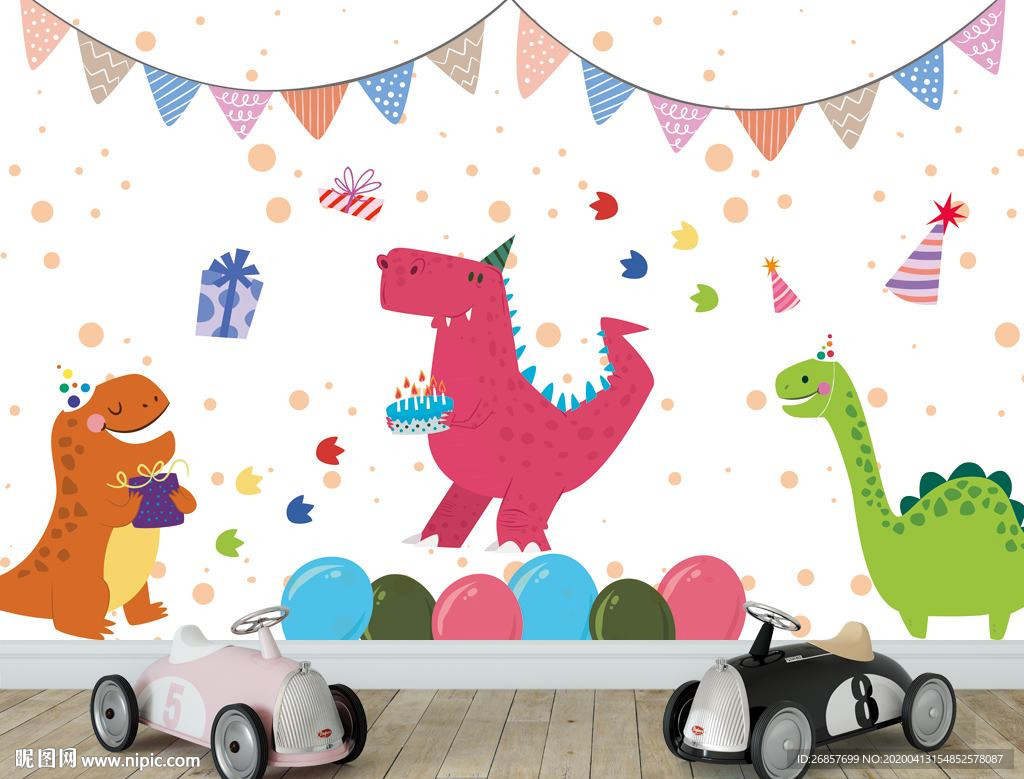 手绘恐龙生日儿童背景墙