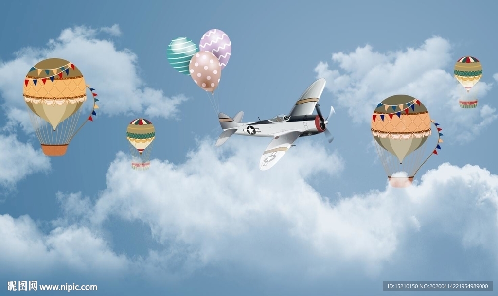 蓝天白云热气球电视背景墙