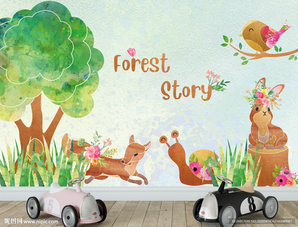 梦幻森林金色动物儿童背景墙