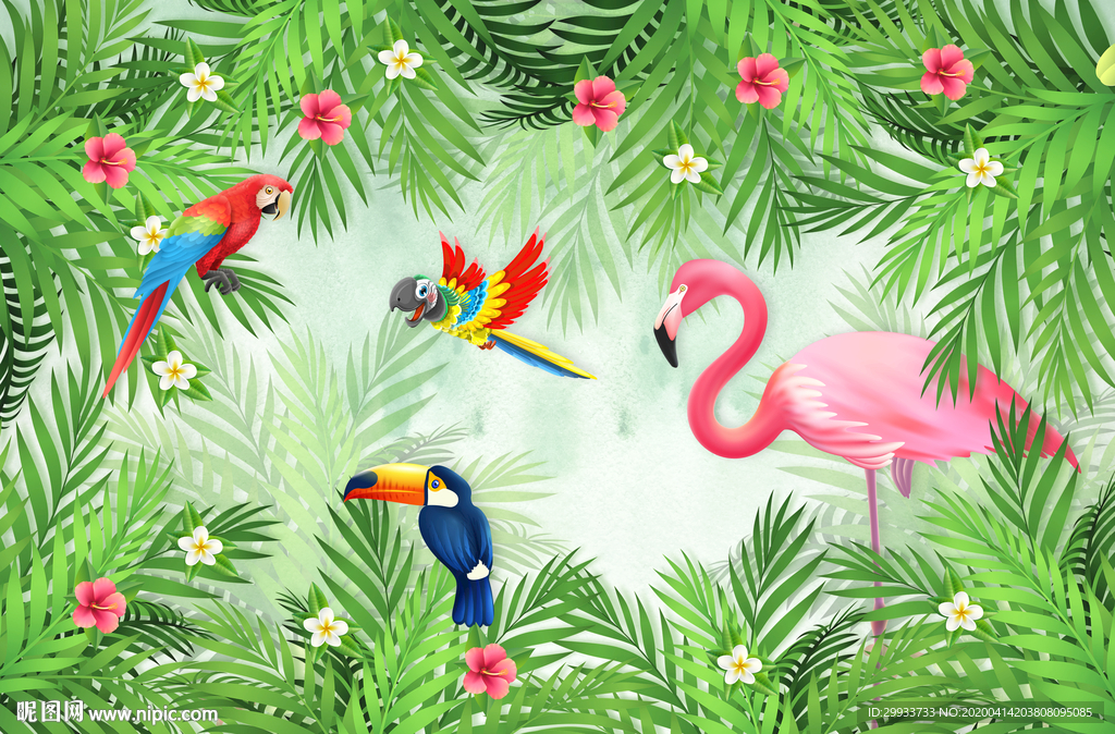 热带植物鹦鹉火烈鸟背景墙