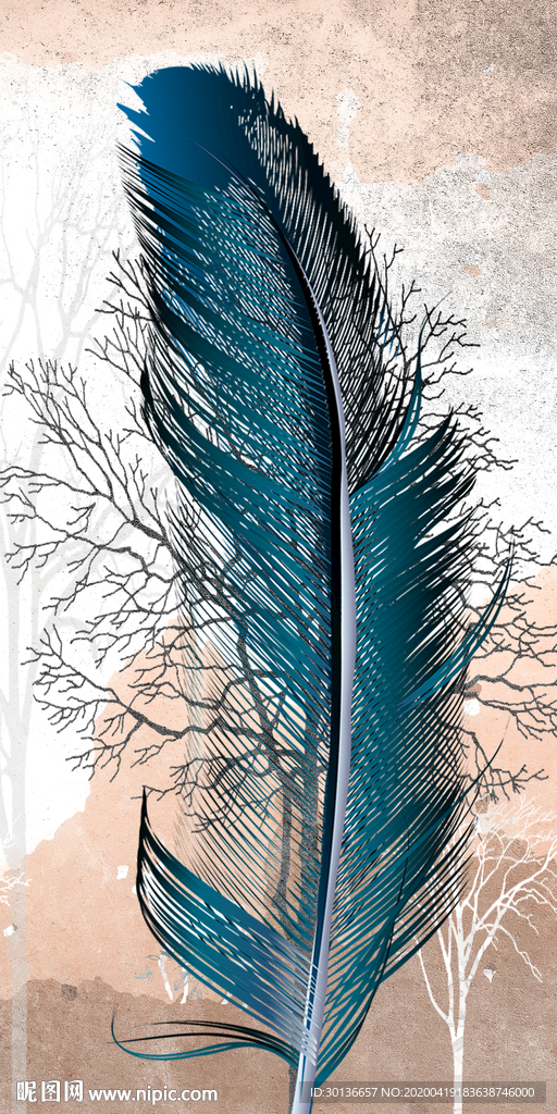 蓝色羽毛玄关画 TIF分层