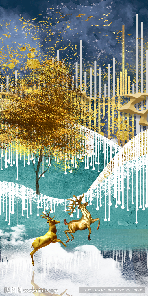 麋鹿现代风玄关画 TIF分层