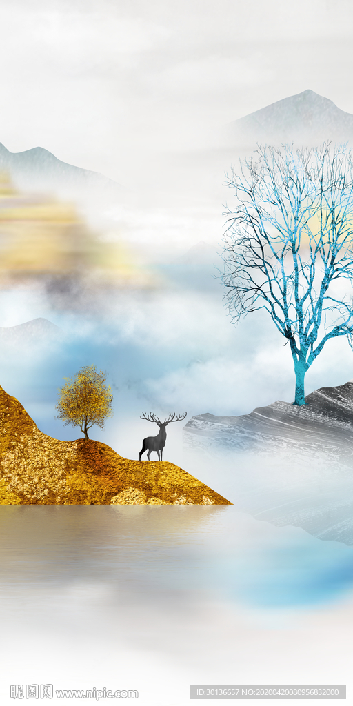 金色麋鹿玄关画 TIF分层