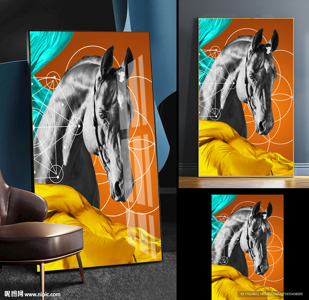 现代抽象手绘骏马爱马仕装饰画