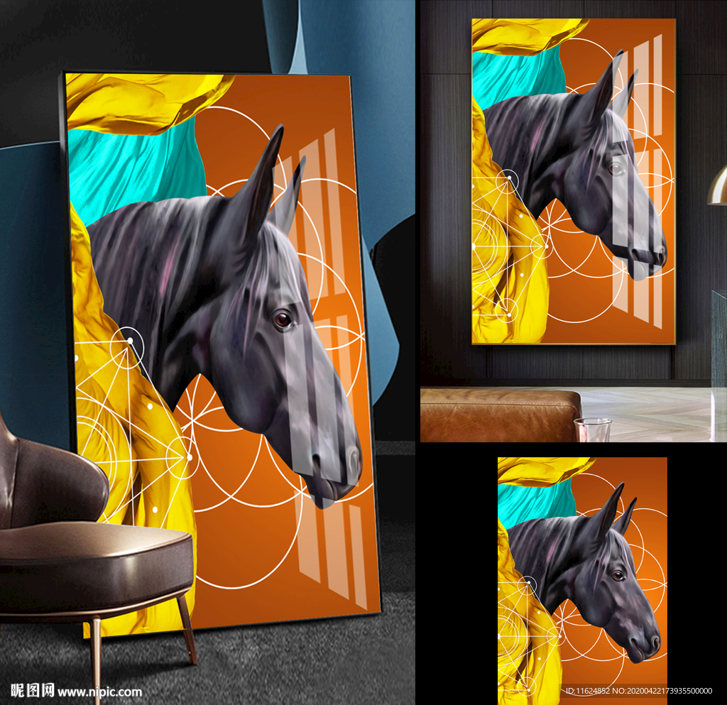 现代抽象手绘骏马爱马仕装饰画