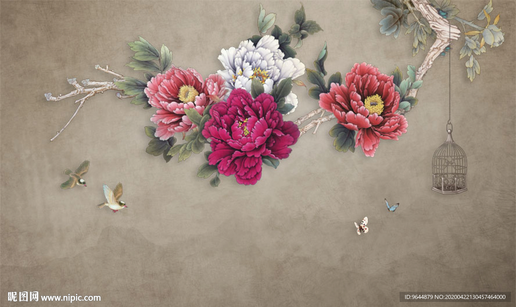 富贵牡丹手绘工笔花鸟壁画背景墙