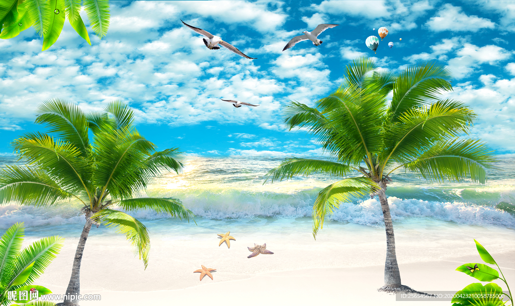 大海椰树沙滩背景墙