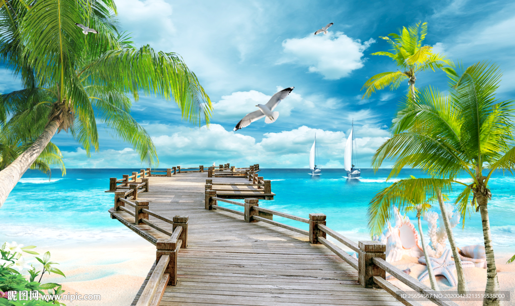 大海椰树沙滩背景墙